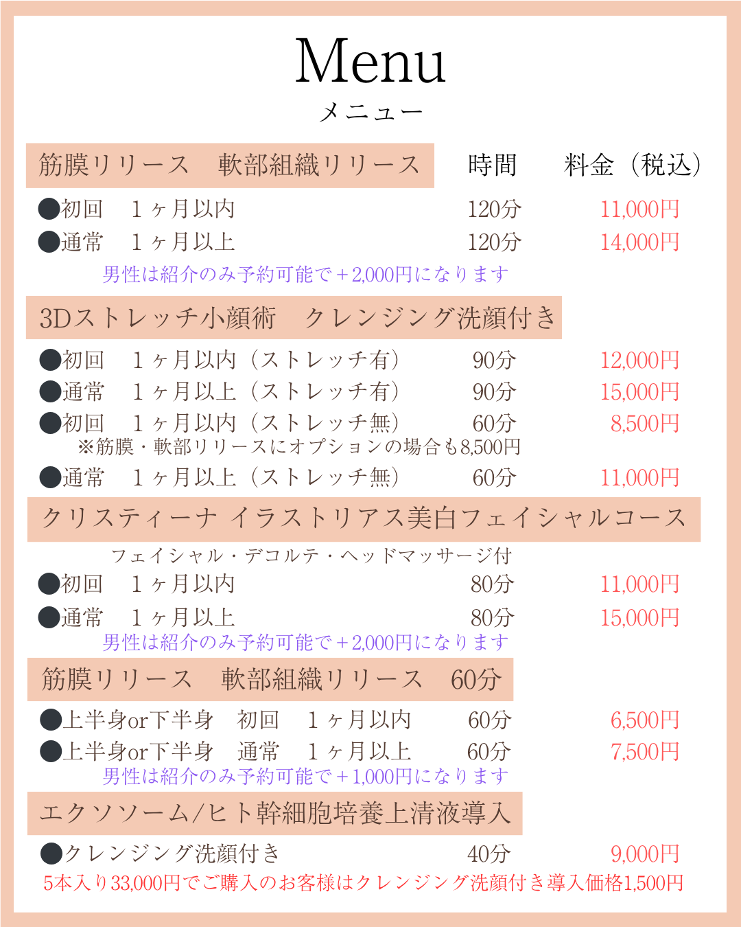 エステサロンのメニュー詳細表